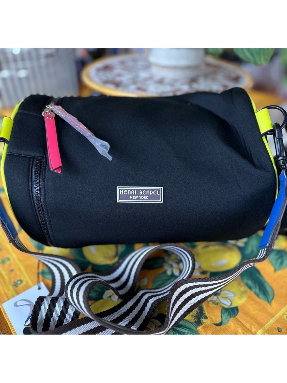 henri bendel Black Neoprene Crossbody with Neon Trim